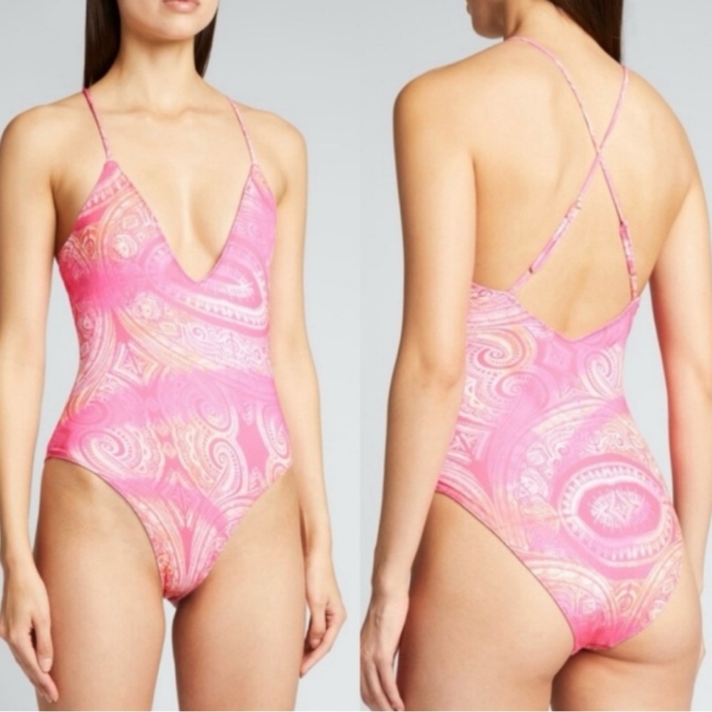 NWT Ramy Brook Zuma Reversible Plunge Pink Multi One-Piece Swimsuit NWT Large